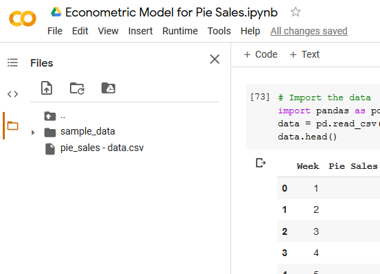 Google Colab file panel showing the Econometric Model for Pie Sales notebook and the uploaded pie_sales CSV file in the Files sidebar.