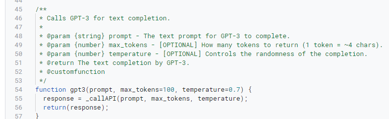 Apps Script code showing the gpt3 function with a help comment block and default parameters of 100 max tokens and 0.7 temperature in the function signature.