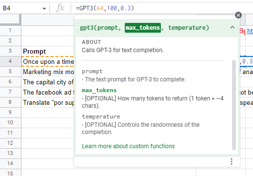 Google Sheets function help popup for gpt3, explaining that max_tokens counts about four characters per token and temperature controls how random the completion is.