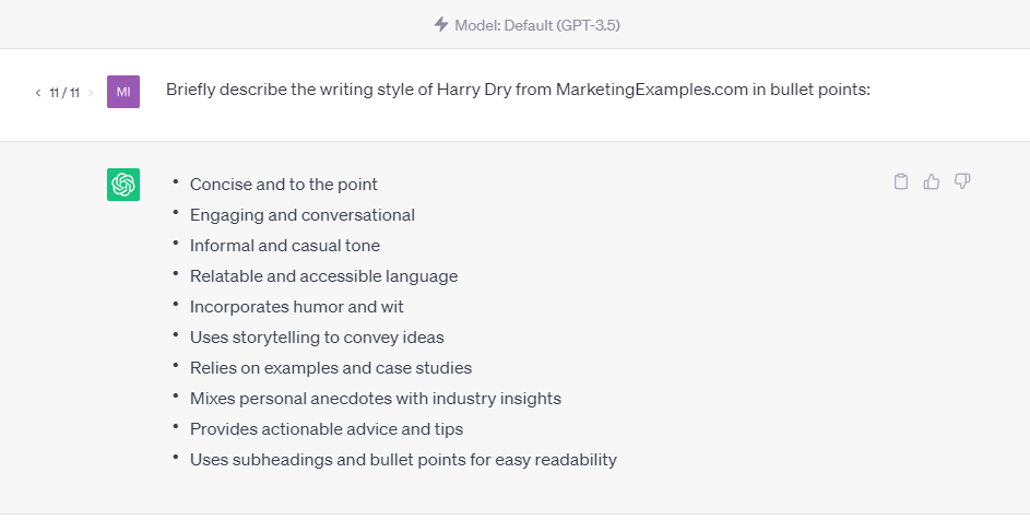 ChatGPT GPT-3.5 reply listing bullet points that describe the writing style of Harry Dry, such as concise, conversational, storytelling and actionable.