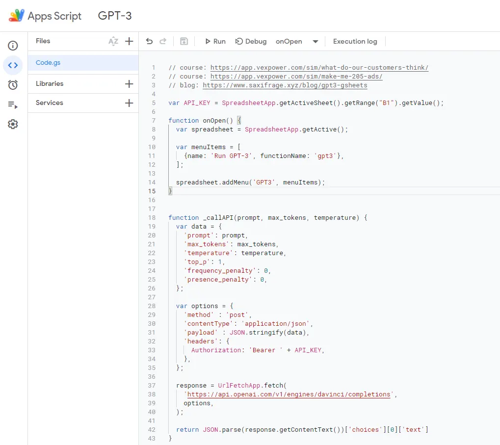 Google Apps Script code where the _callAPI function sends the prompt, max_tokens and temperature to the OpenAI completions endpoint, with the API key read from cell B1.