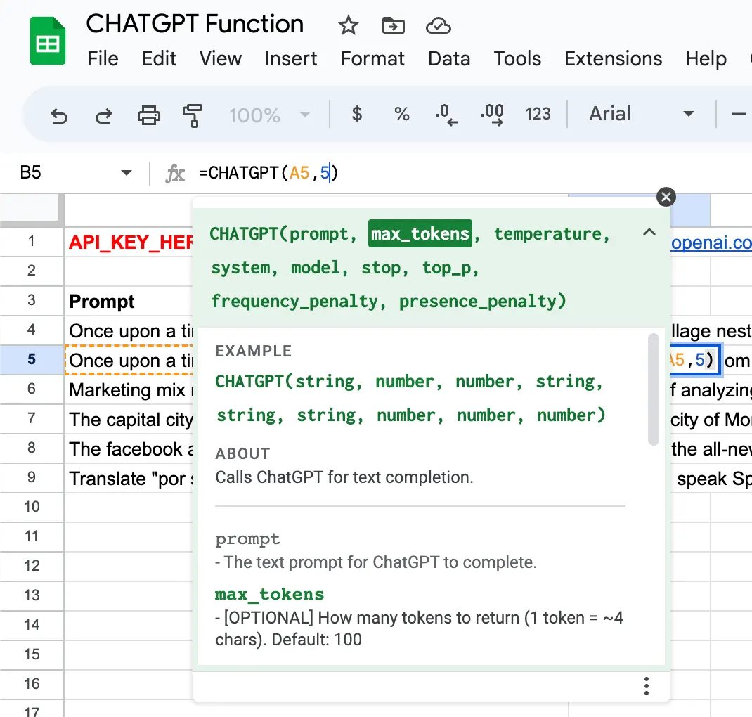 Google Sheets formula =CHATGPT(A5,5) with the help tooltip highlighting max_tokens as the optional second parameter.