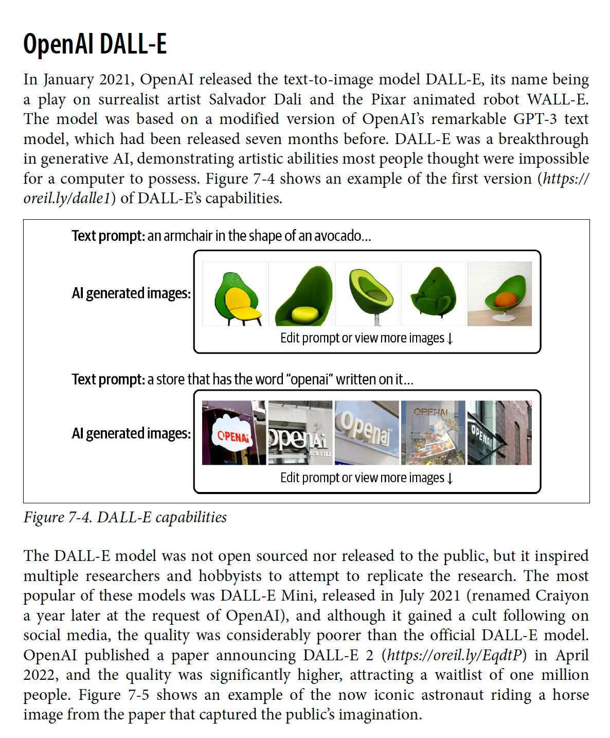 Book page on OpenAI DALL-E with figure 7-4 showing two text prompts and their sample images, an avocado-shaped armchair and an openai storefront sign.