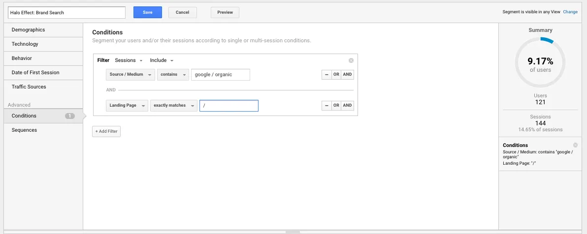 Google Analytics segment editor for Halo Effect: Brand Search, filtering sessions from google / organic that land on the homepage.