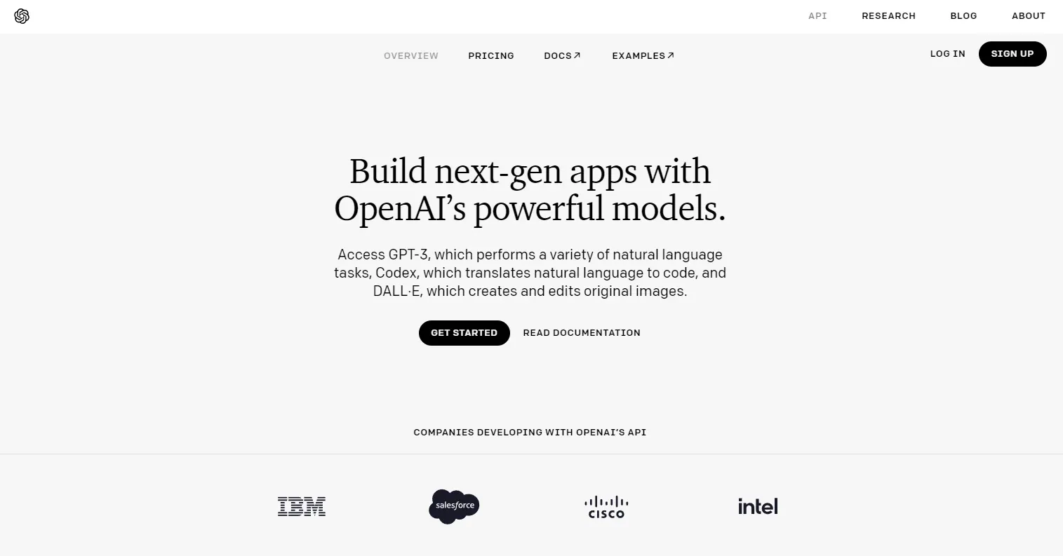 OpenAI API landing page with the headline Build next-gen apps with OpenAI's powerful models, Log In and Sign Up buttons, and logos of IBM, Salesforce, Cisco and Intel.