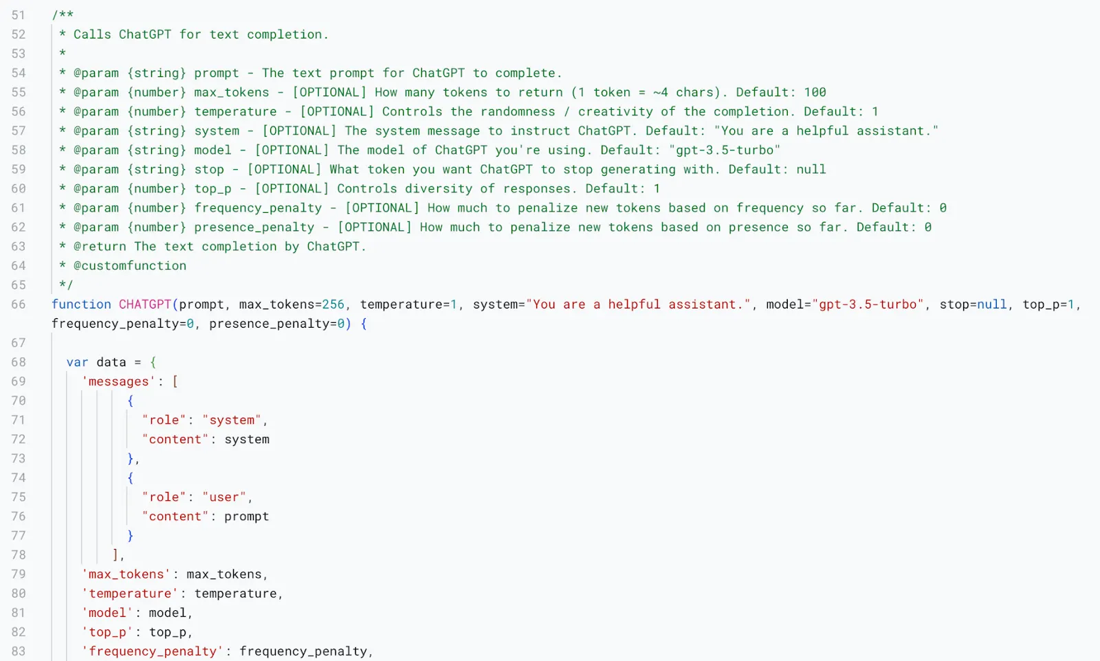 Apps Script code showing the CHATGPT function's help comment and signature, with default values for max tokens, temperature, system message and model.
