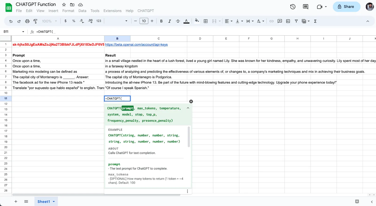 Google Sheets cell typing =CHATGPT( with the function help tooltip listing its parameters, starting with prompt highlighted.