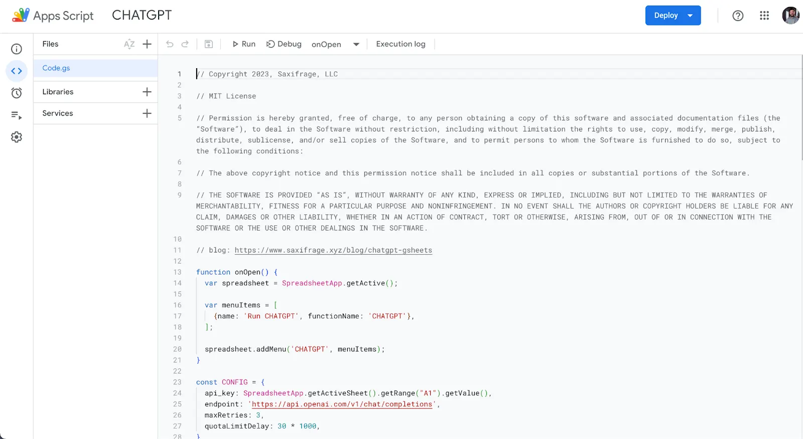 Google Apps Script editor showing Code.gs with an onOpen function that adds a CHATGPT menu, and a CONFIG block reading the API key and endpoint.