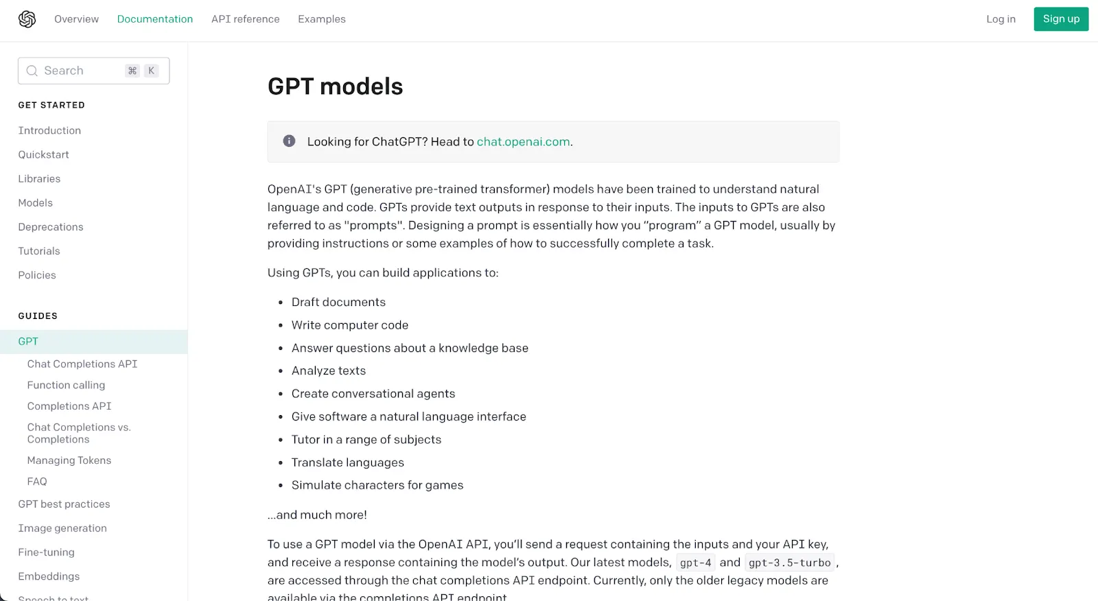 OpenAI API documentation page titled GPT models, with an intro listing what GPT models can build, such as drafting documents and writing code.