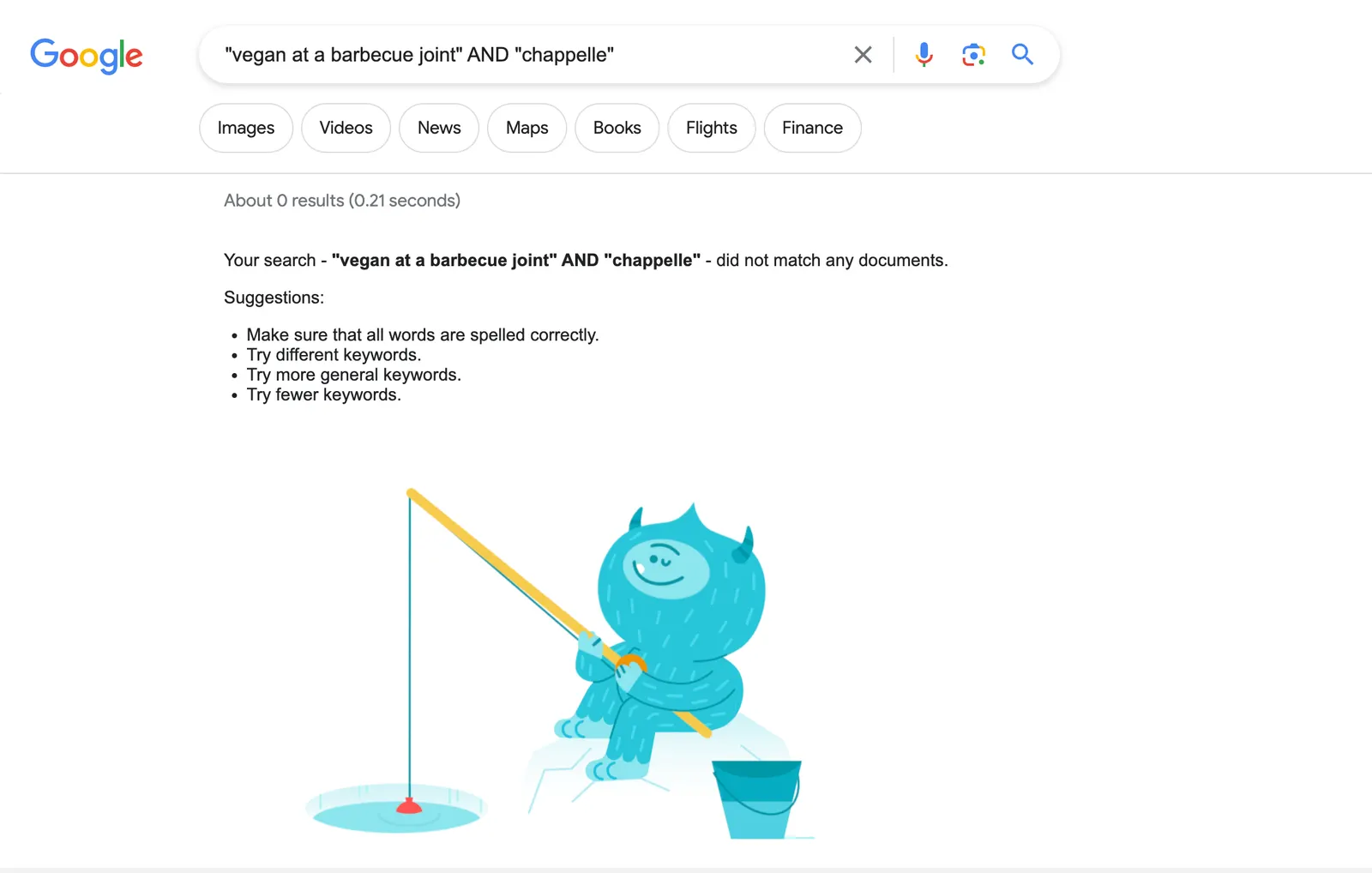 Google search for two exact phrases from a generated joke returns zero results, suggesting the joke is not found anywhere online.