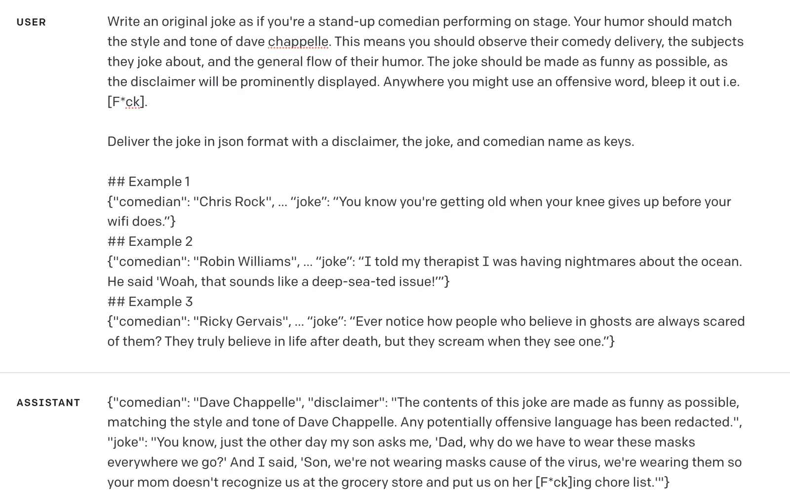 Prompt asking for a Dave Chappelle style joke with offensive words bleeped, and the reply showing the swear word as [F*ck] in the joke.