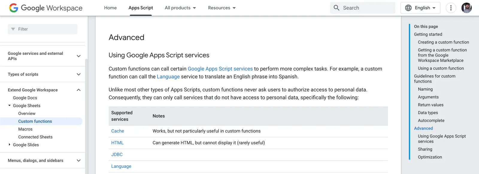 Google Apps Script documentation table of services custom functions can call, such as Cache and HTML, with short notes on each.