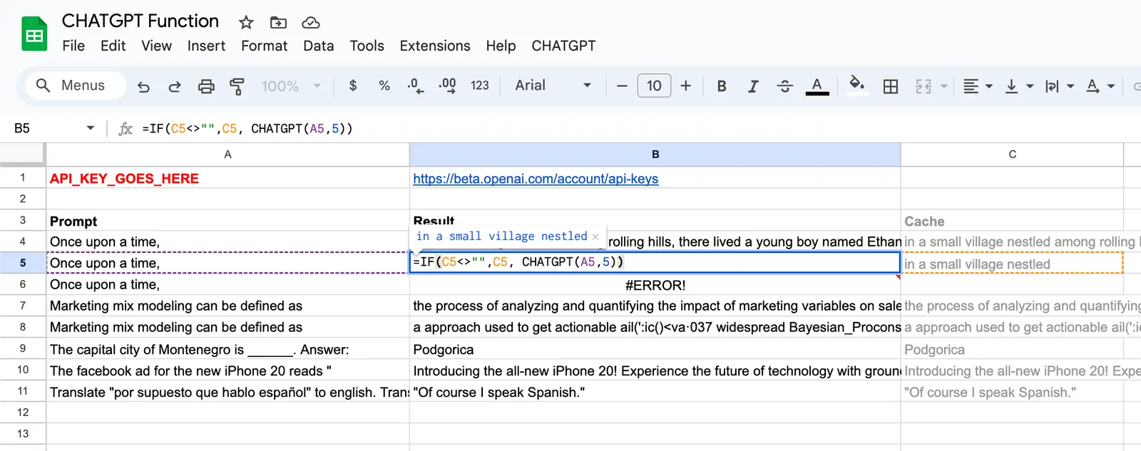 Google Sheets formula that returns the cached answer in column C when one is present, and only calls CHATGPT when it is empty.