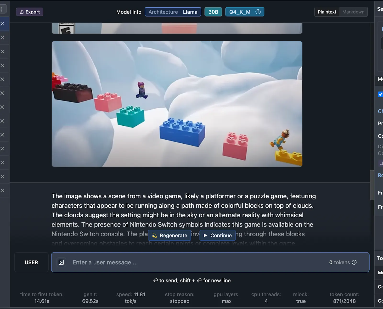 Local LLM chat interface running a Llama 30B model, describing a blocky platformer scene with Nintendo Switch branding, with speed and token stats below.