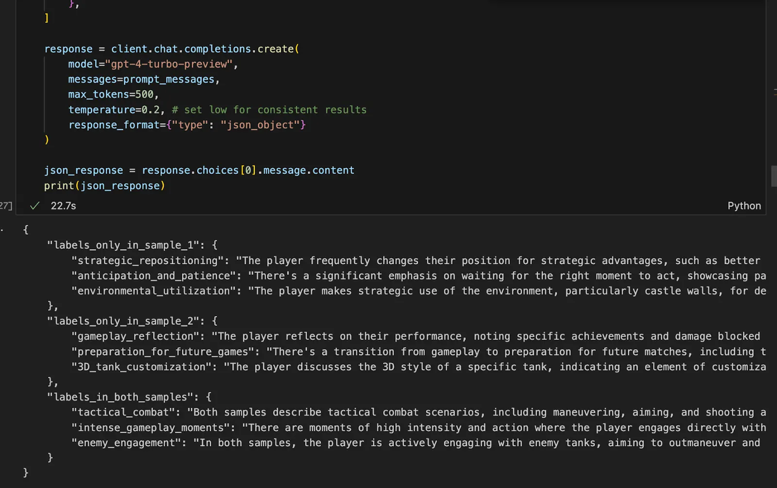 Python code calling the gpt-4-turbo-preview model with a JSON response format, above JSON output listing labels that appear in one sample only or in both.