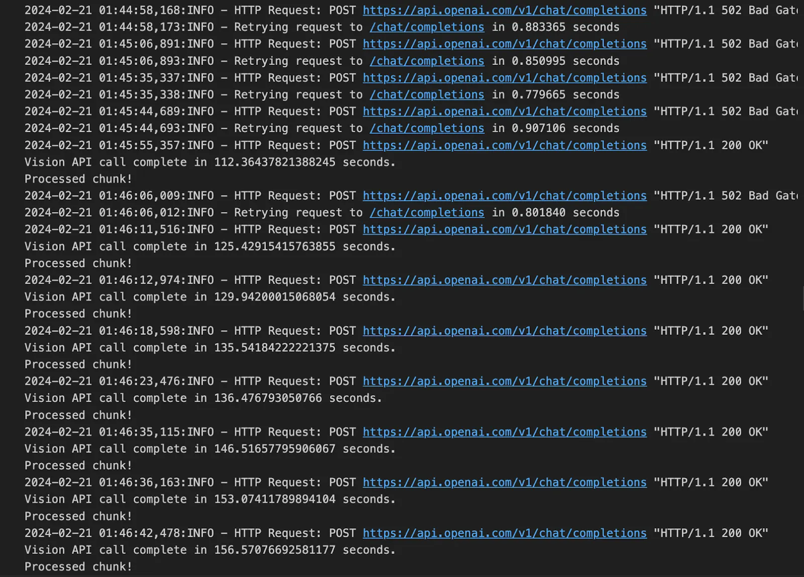 Terminal log of OpenAI API calls showing repeated 502 Bad Gateway errors and retries, followed by successful vision calls each taking roughly 110 to 160 seconds.