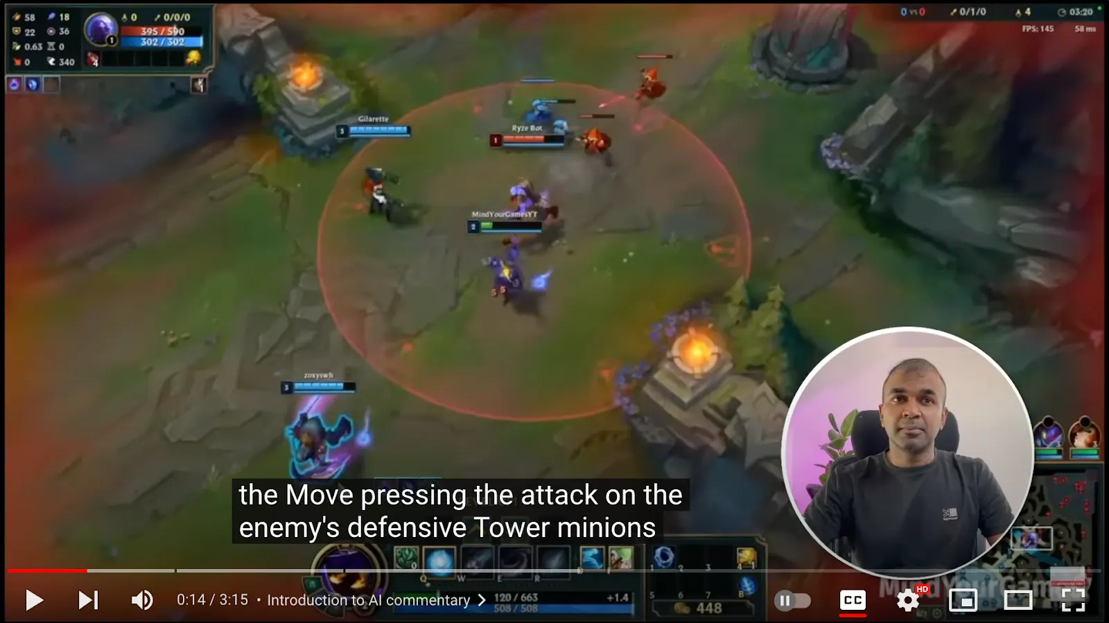 Video still of a League of Legends match with a presenter inset, where the on-screen subtitle is AI commentary about attacking the enemy tower minions.