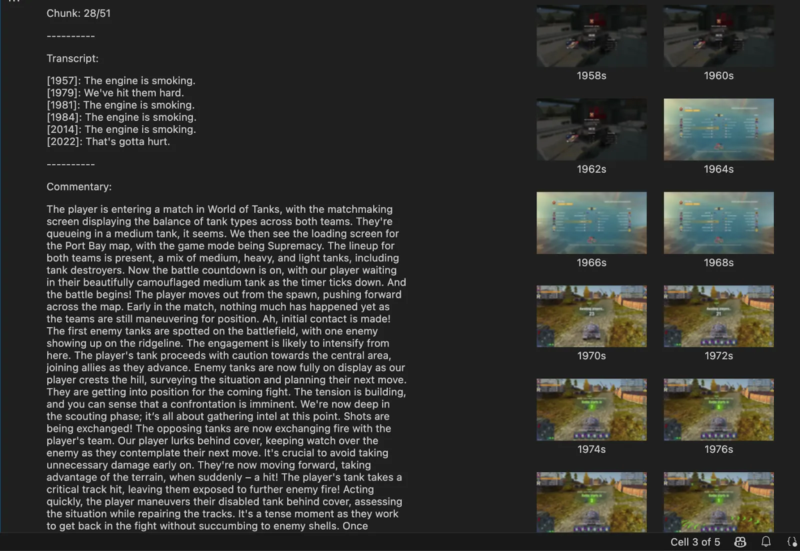 Notebook view of AI-generated World of Tanks commentary for one video chunk, with transcript lines on the left and timestamped frame thumbnails on the right.