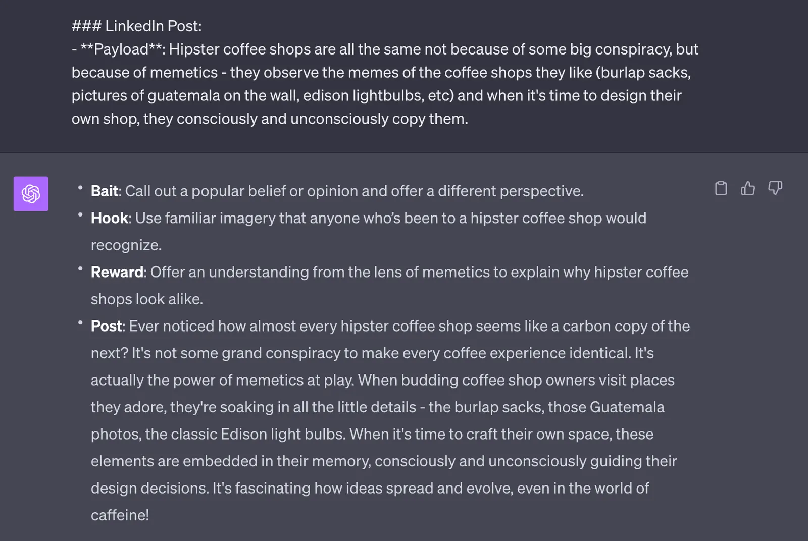 ChatGPT bait, hook and reward bullets for a post on why hipster coffee shops look alike through memetics, followed by the draft post.