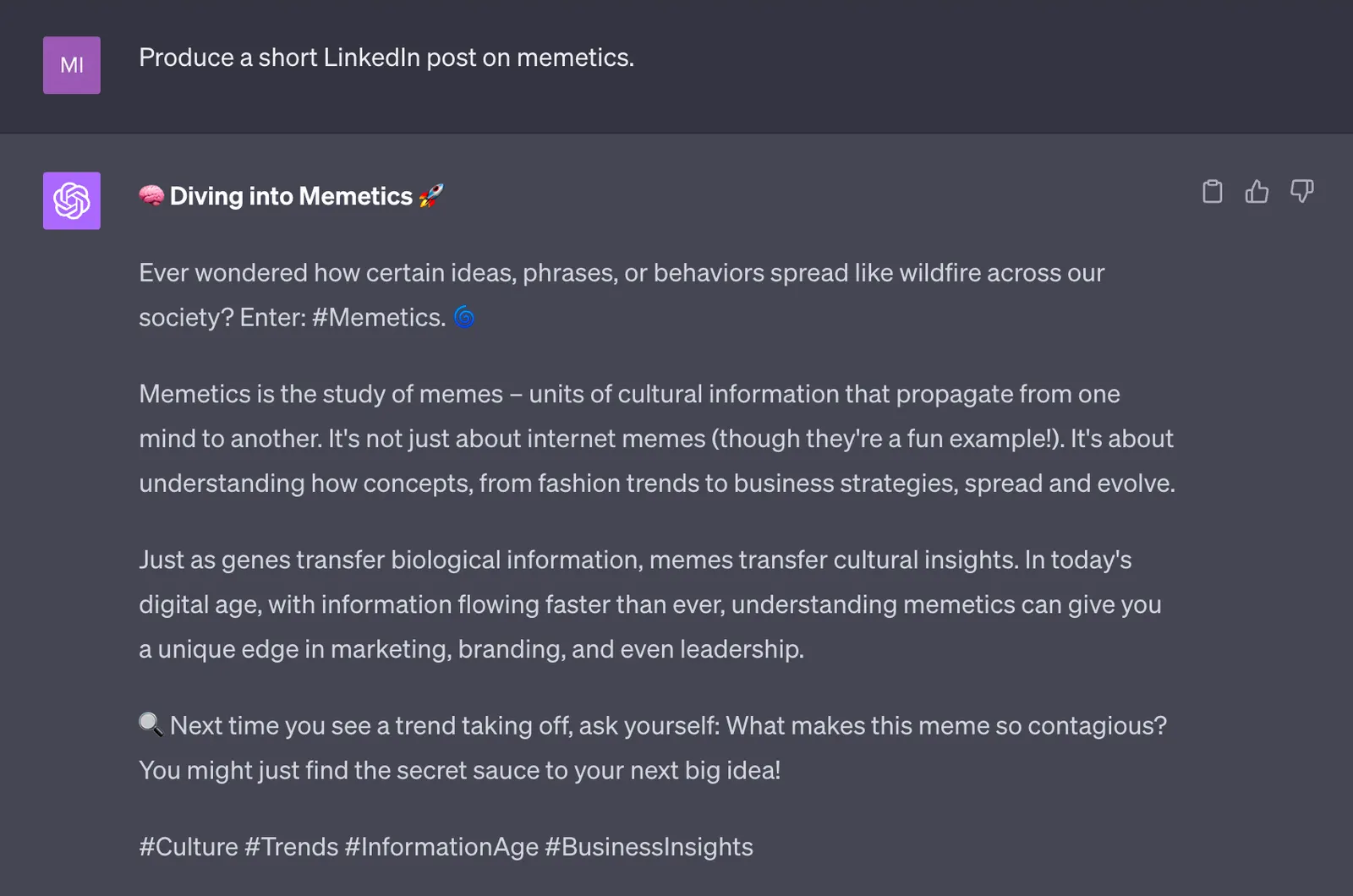ChatGPT generic LinkedIn post on memetics, with emoji headings, a rhetorical hook and hashtags, shown as the default output before prompt tweaks.