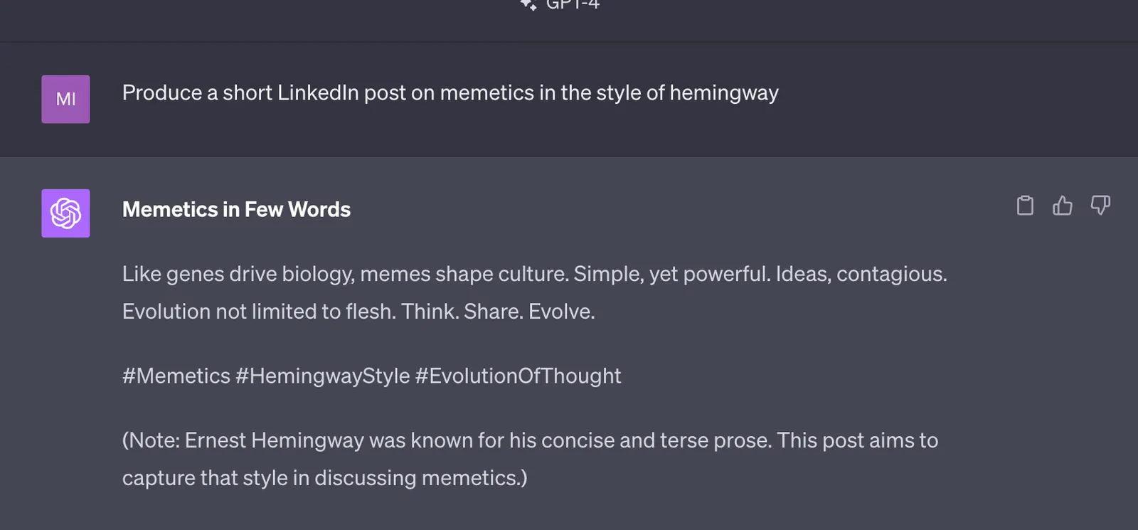 Memetics post written in the terse style of Hemingway, with clipped sentences, hashtags and an explanatory note underneath.