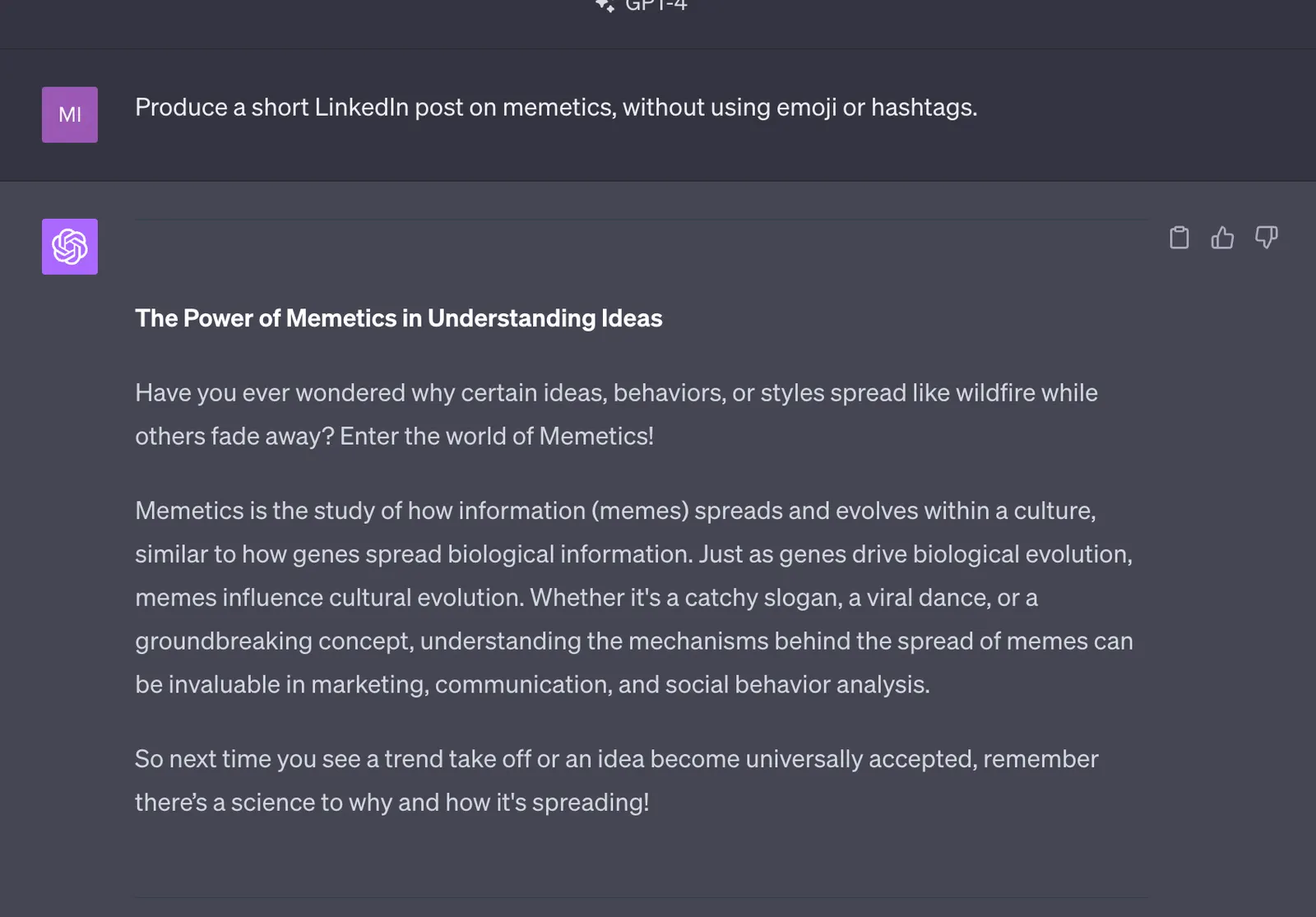 ChatGPT LinkedIn post on memetics written without emoji or hashtags, three short paragraphs under a bold title.