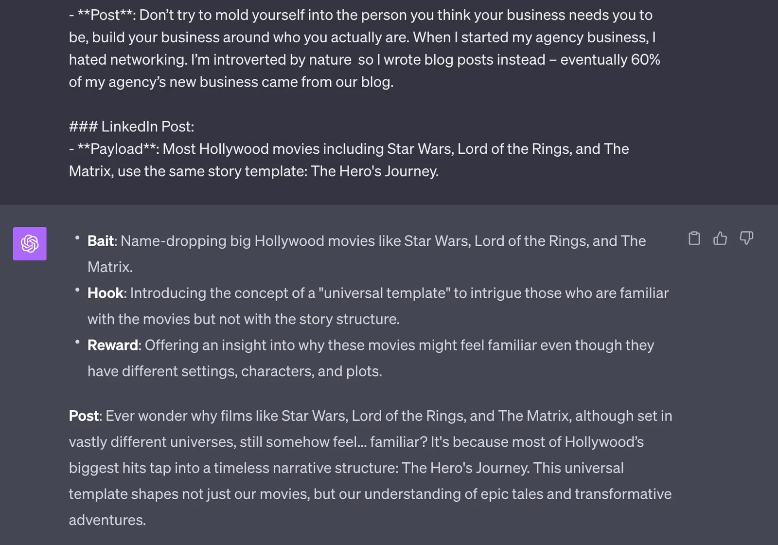 ChatGPT reply with bait, hook and reward bullets for a Hollywood-themed post, followed by the finished LinkedIn post on the Hero’s Journey.