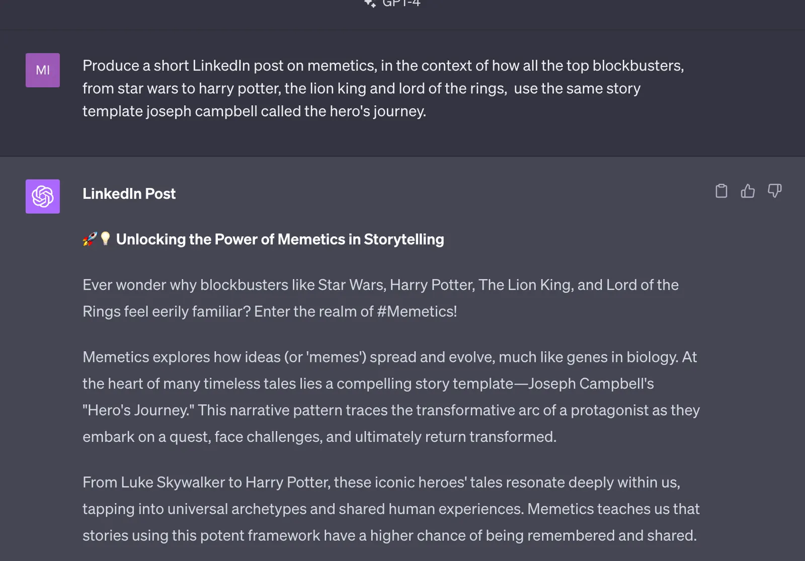 ChatGPT LinkedIn post titled Unlocking the Power of Memetics in Storytelling, linking Star Wars, Harry Potter and Lord of the Rings to Joseph Campbell’s Hero’s Journey.