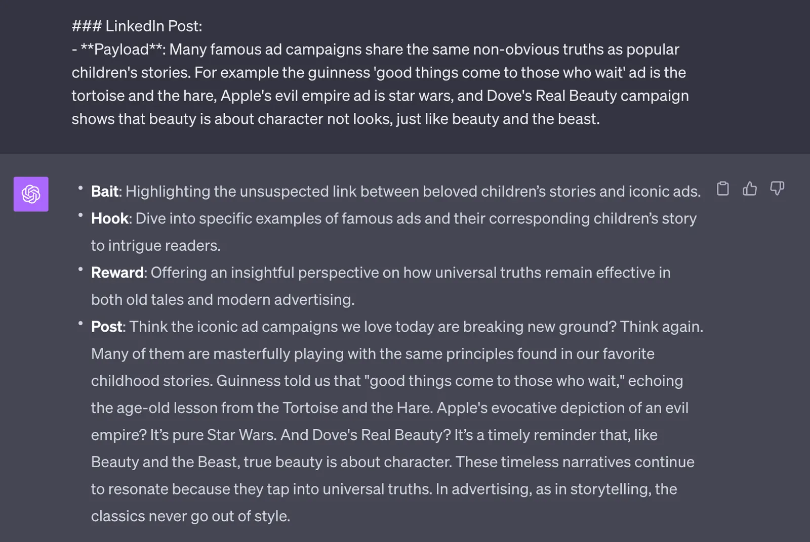 ChatGPT bait, hook and reward bullets for a LinkedIn post linking famous ad campaigns to children’s stories, followed by the draft post.