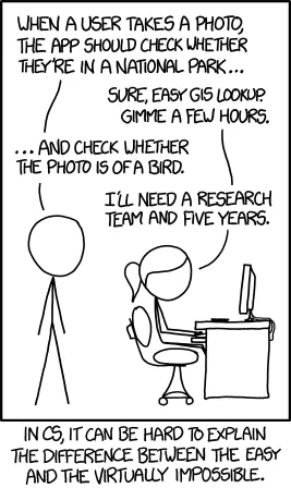 XKCD comic joking that checking whether a photo is in a national park is easy, while checking whether it shows a bird is virtually impossible.