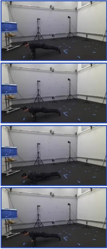 Four stacked frames from a motion-capture studio showing a person doing a push-up, from the plank position down to the floor and back up.