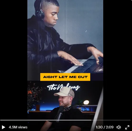 Still from a YouTube video showing a man at a keyboard with the caption 'AIGHT LET ME CUT' above a second speaker, with the view count of 4.9M visible.