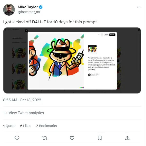 Tweet from @hammer_mt saying he was kicked off DALL-E for 10 days for a prompt, with an attached cartoon spy mouse image in a paper-mario style.