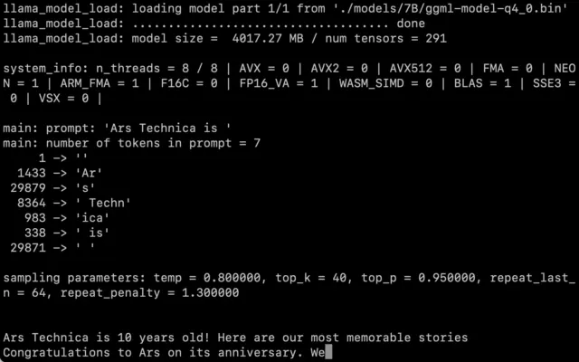 A screenshot of LLaMA 7B in action on a MacBook Air running llama.cpp.