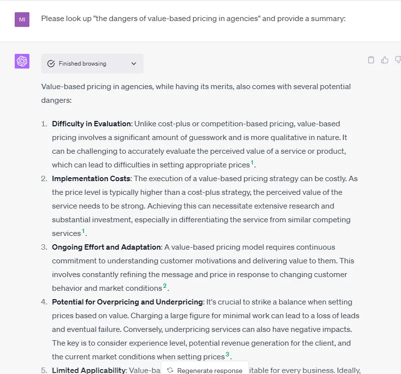 ChatGPT browsing answer to a request to look up the dangers of value-based pricing in agencies, listing five numbered dangers with source citations.