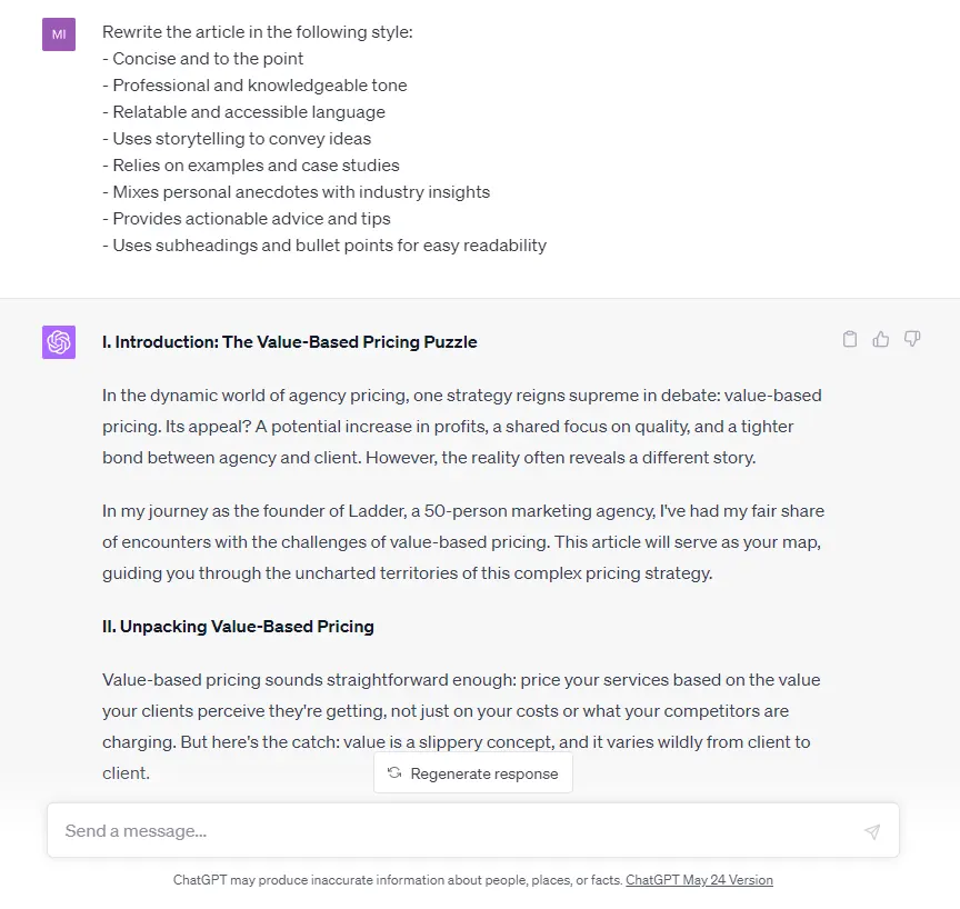 ChatGPT rewriting a pricing article to match a list of style rules such as concise, storytelling and bullet points, with a new introduction naming the Ladder agency.