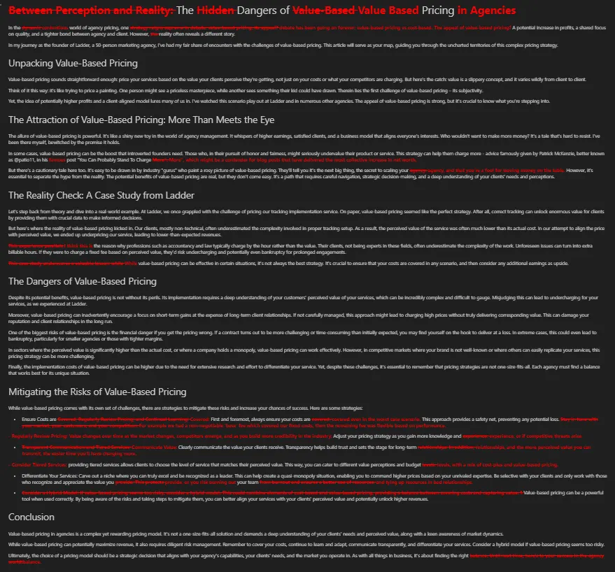 Redlined document where the human editor's deletions show as red strikethrough across the AI-drafted pricing article, with its section headings still visible.