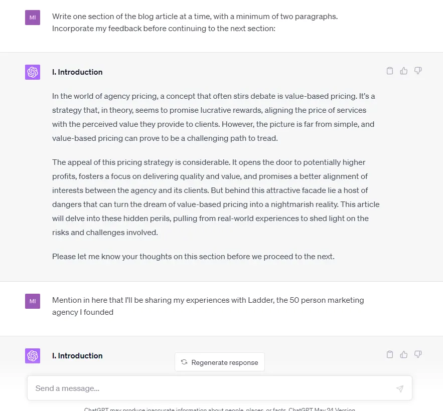 ChatGPT draft of an article introduction on value-based pricing, written one section at a time, with a follow-up asking it to mention the author's Ladder agency.