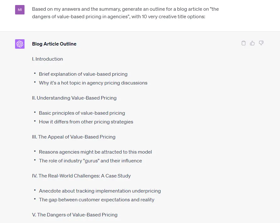 ChatGPT blog outline for a value-based pricing article, with Roman-numeral sections such as Introduction, The Appeal of Value-Based Pricing and The Dangers.
