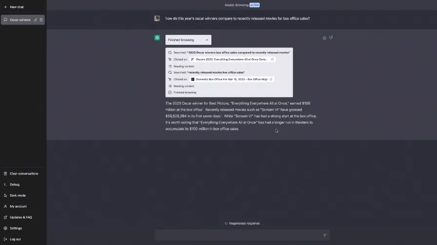 Screenshot of ChatGPT in browsing mode answering a question about this year's Oscar winners and box office sales, with the searches and pages it opened listed above the answer.
