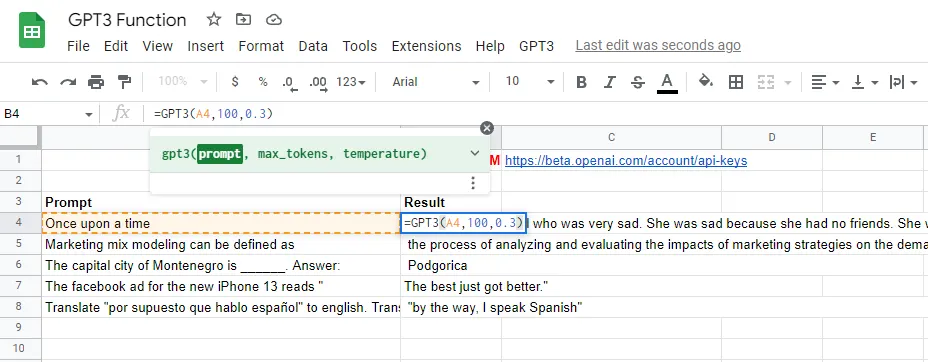 Google Sheets GPT3 template with a cell formula =GPT3(A4,100,0.3) and a function tooltip listing the prompt, max_tokens and temperature arguments.