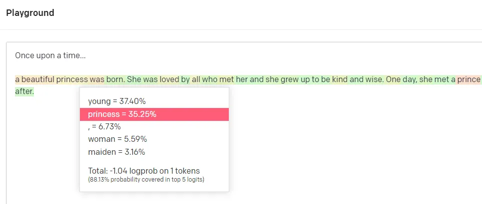 OpenAI Playground showing a story completion coloured by token probability, with a popup listing next-word options and princess at 35.25 percent.